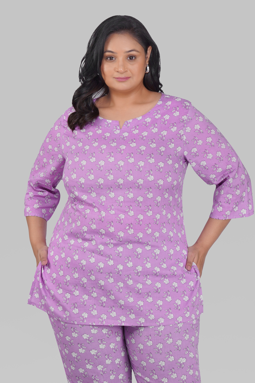Light Pastel Purple Plus Size Cotton Printed Pyjama Set