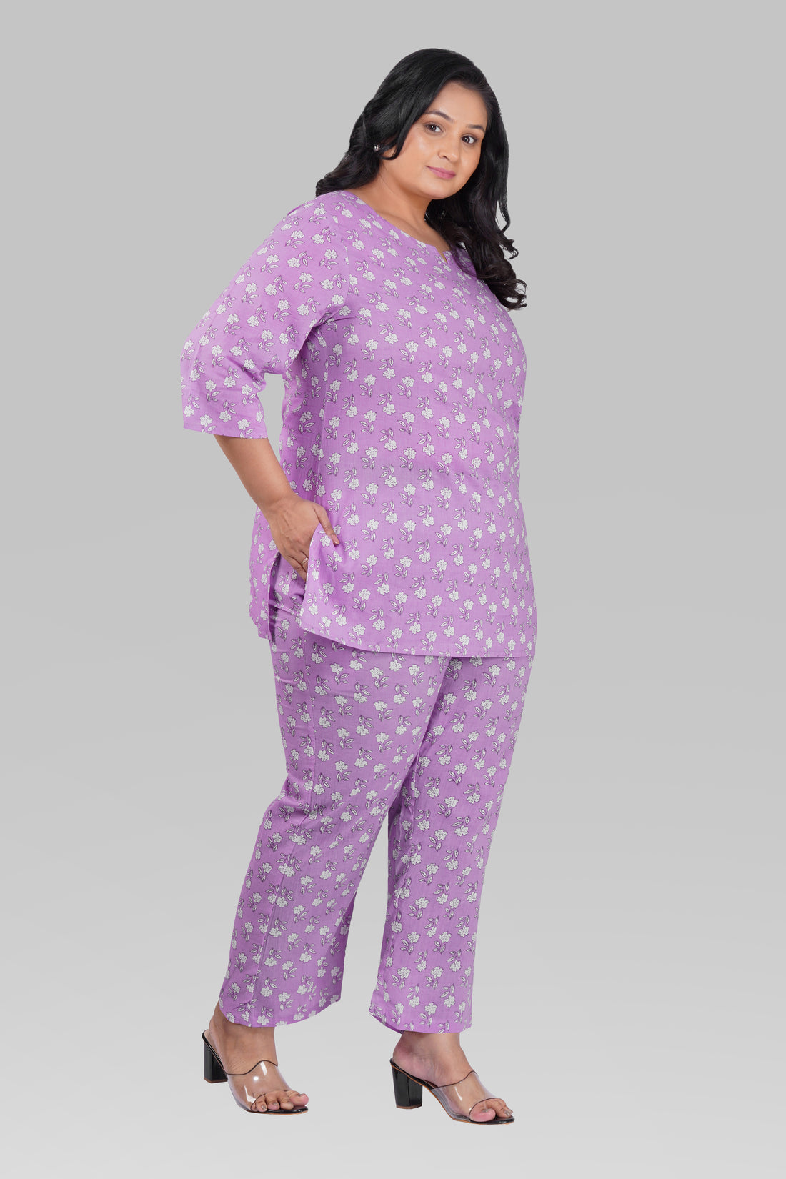 Light Pastel Purple Plus Size Cotton Printed Pyjama Set