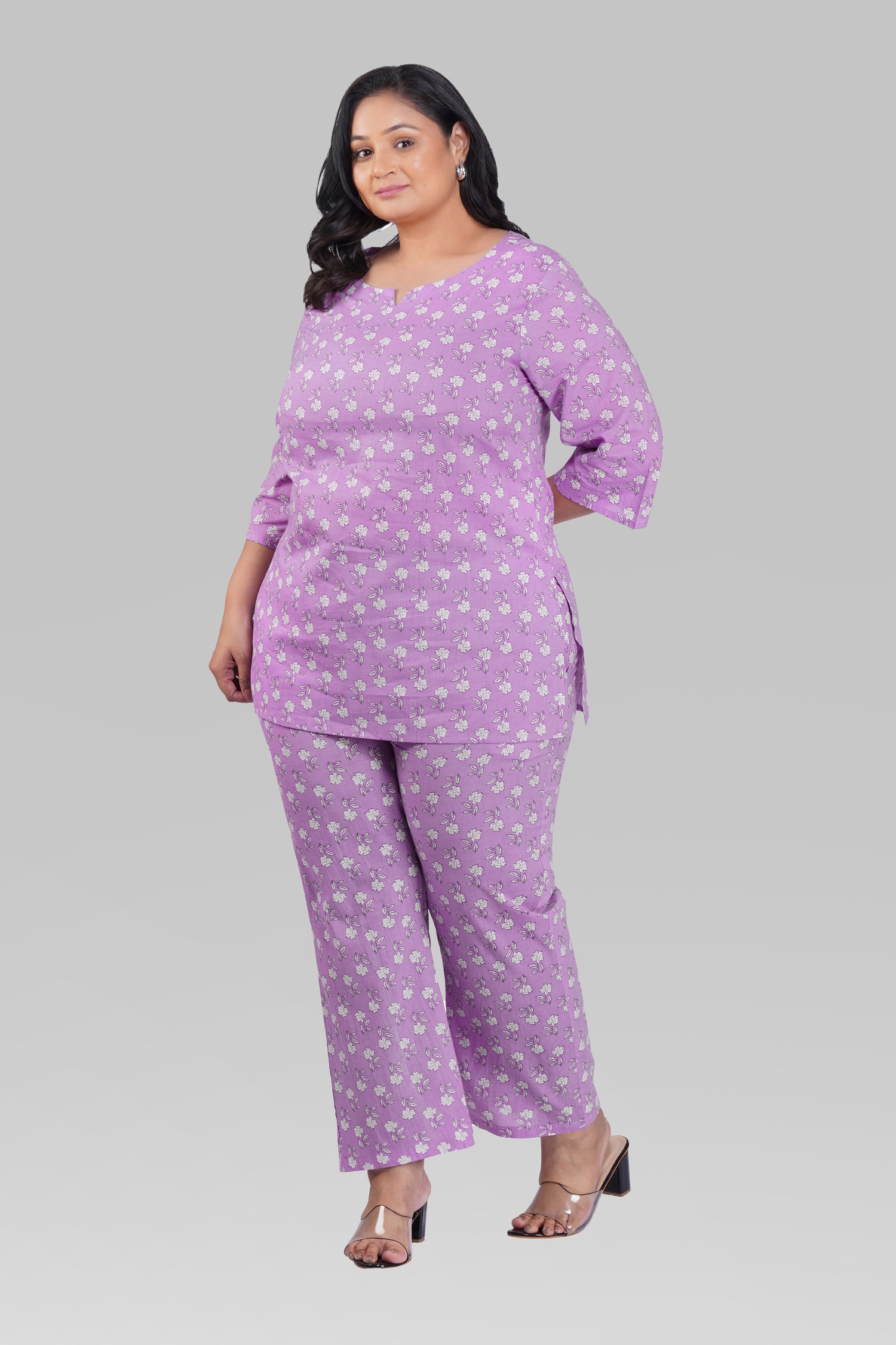 Light Pastel Purple Plus Size Cotton Printed Pyjama Set