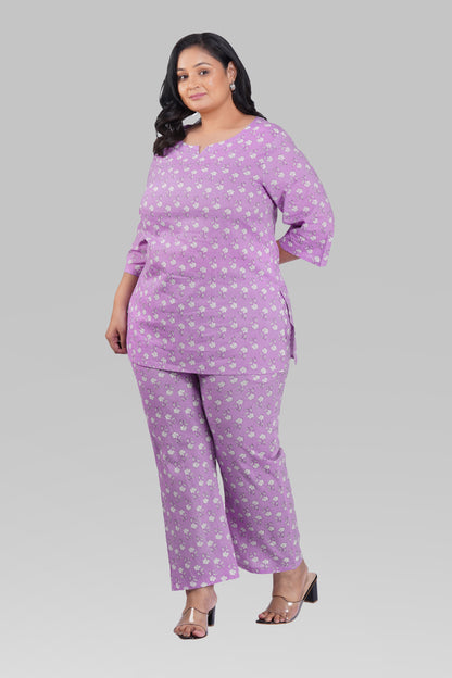 Light Pastel Purple Plus Size Cotton Printed Pyjama Set