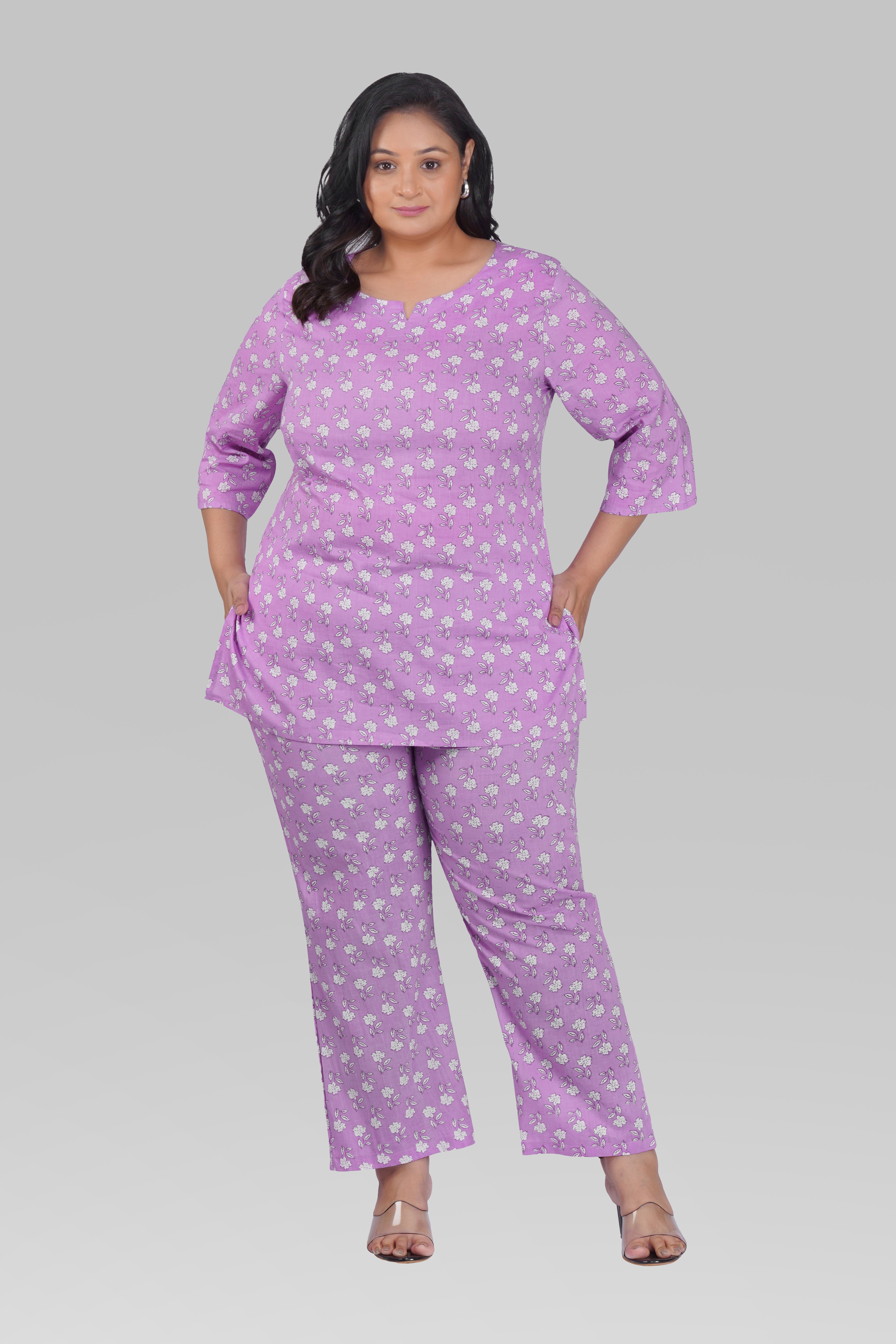 Light Pastel Purple Plus Size Cotton Printed Pyjama Set