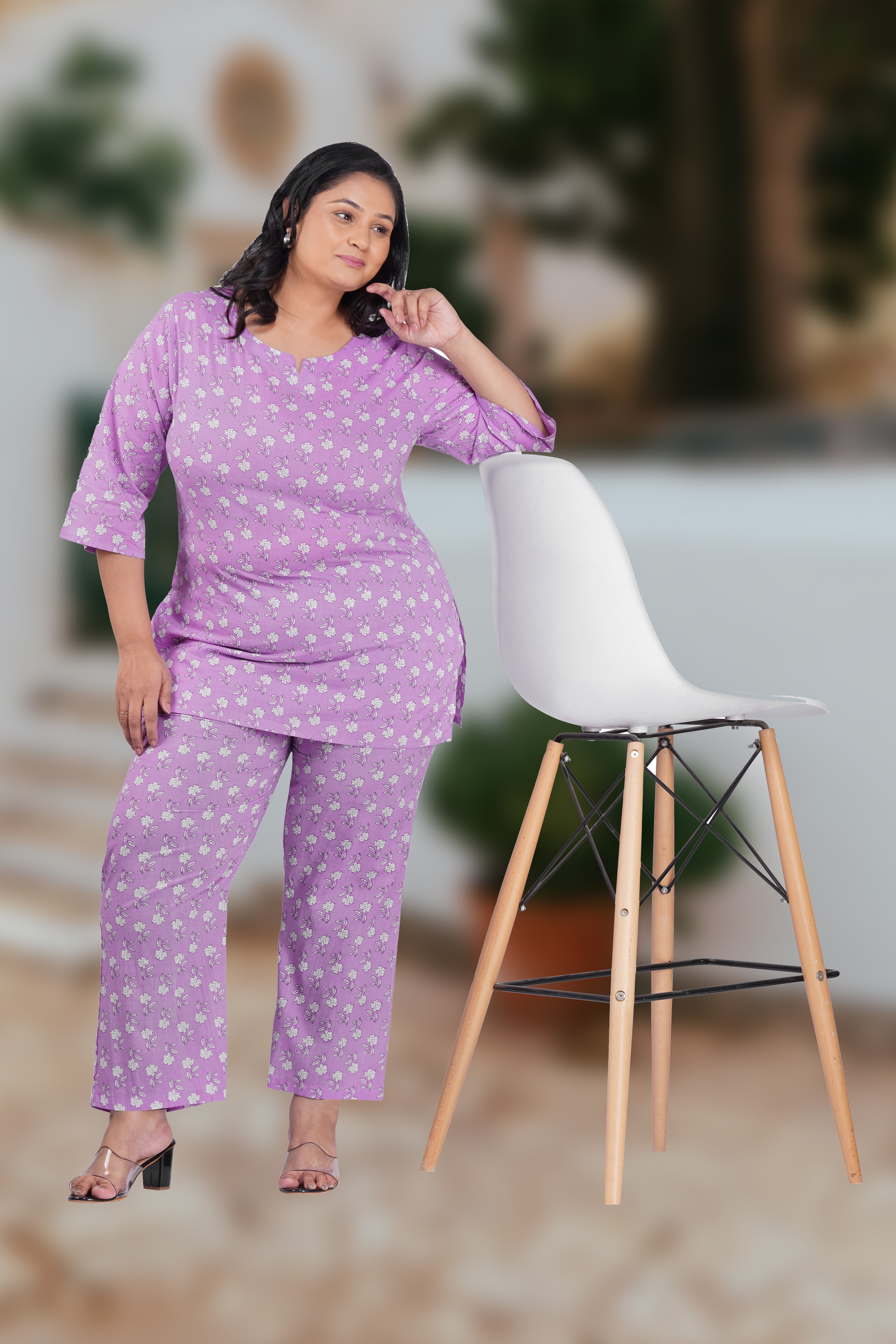 Light Pastel Purple Plus Size Cotton Printed Pyjama Set