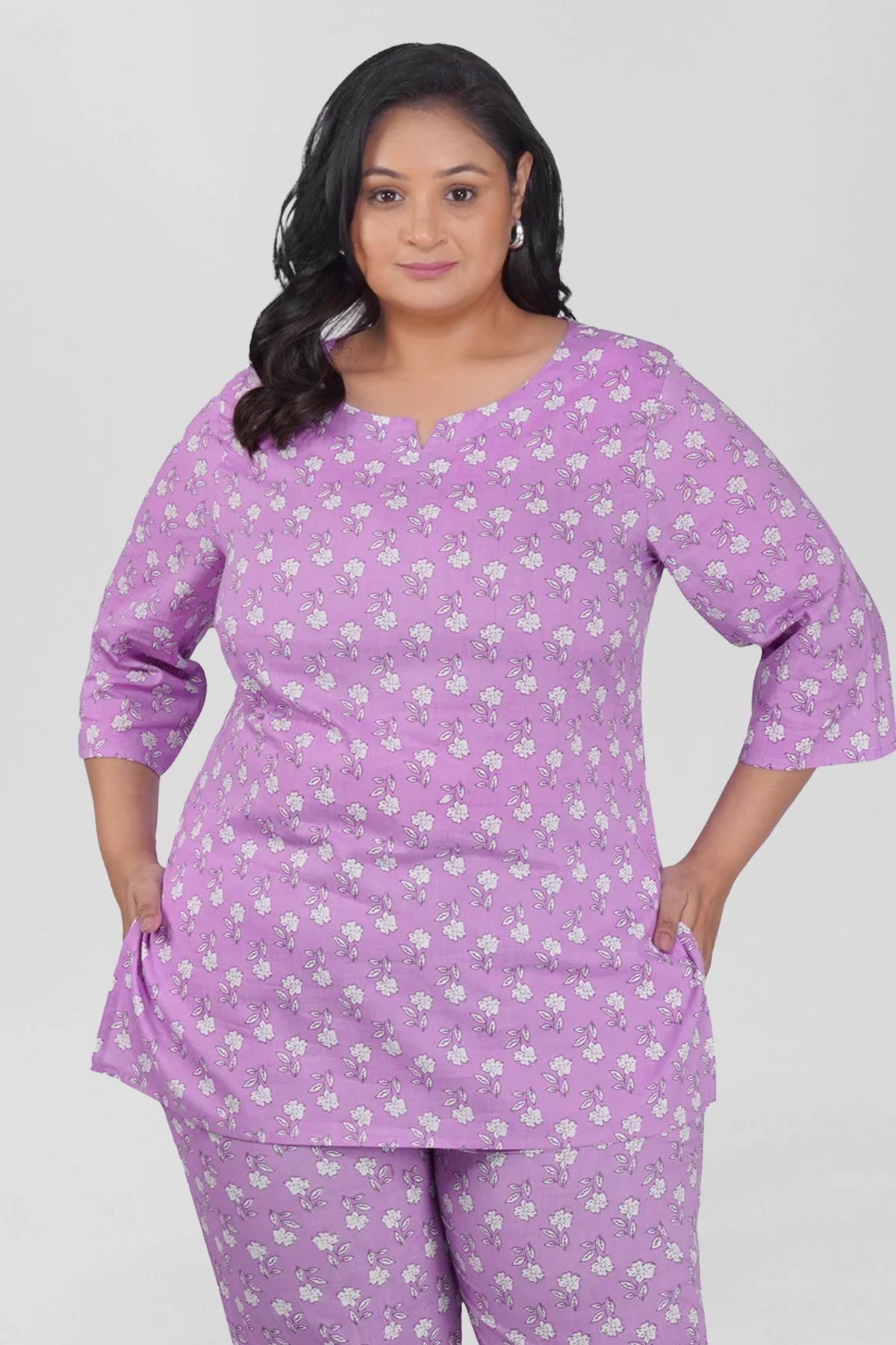 Light Pastel Purple Plus Size Cotton Printed Pyjama Set