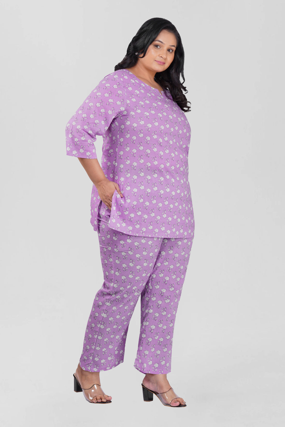 Light Pastel Purple Plus Size Cotton Printed Pyjama Set