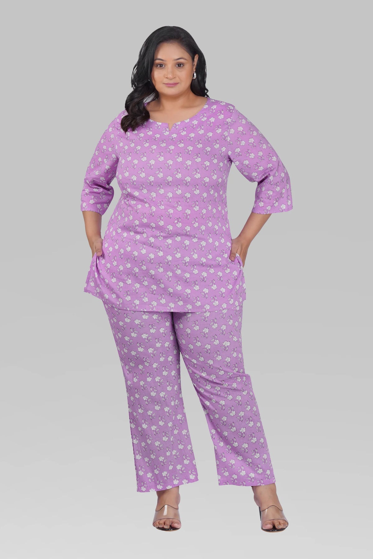 Light Pastel Purple Plus Size Cotton Printed Pyjama Set