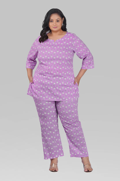 Light Pastel Purple Plus Size Cotton Printed Pyjama Set
