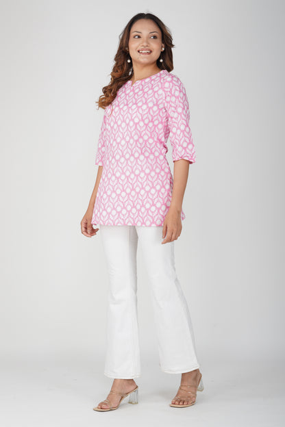 Light Pink Cotton Printed Kurti