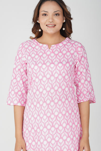 Light Pink Cotton Printed Kurti