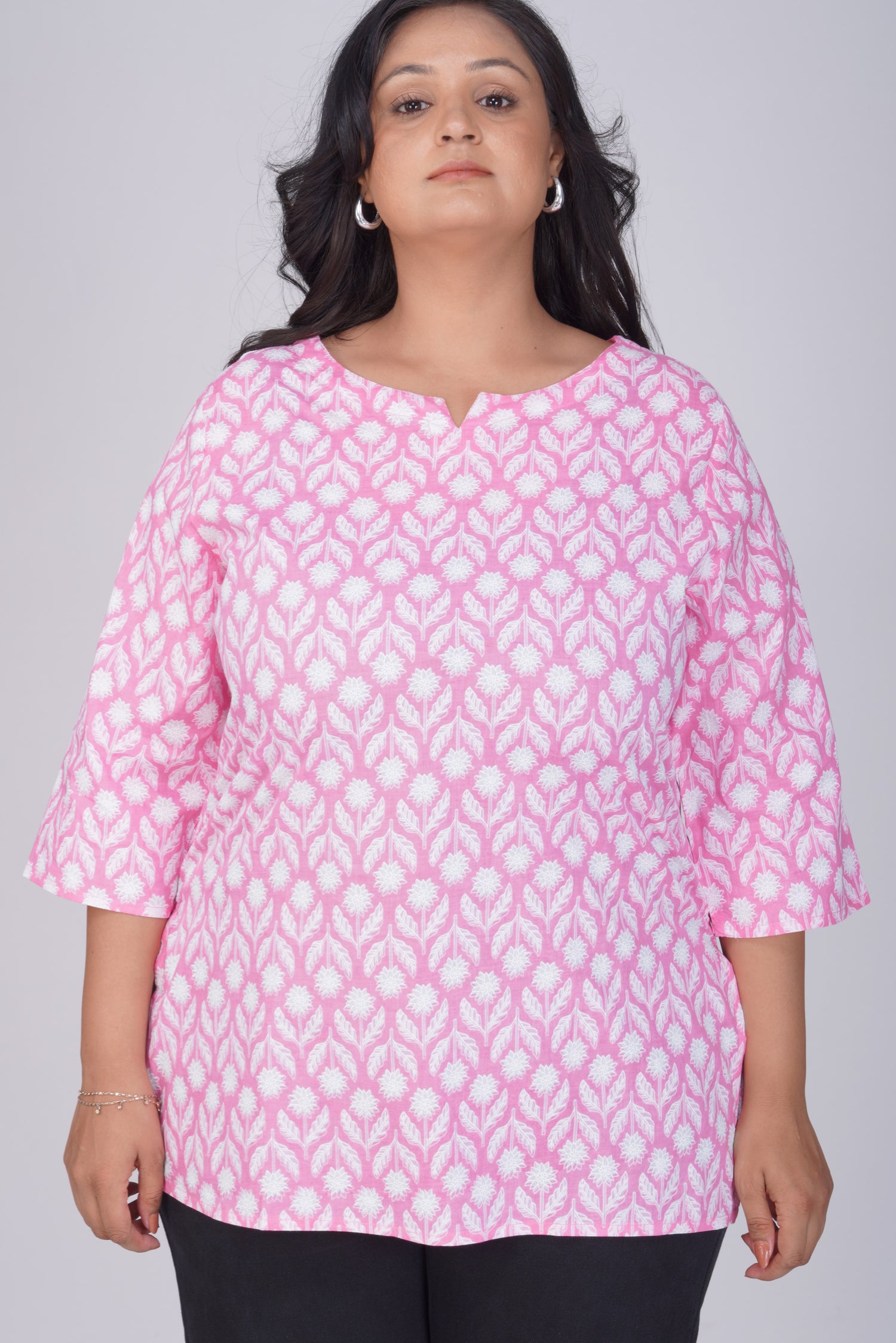 Light Pink Plus Size Cotton Printed Kurti