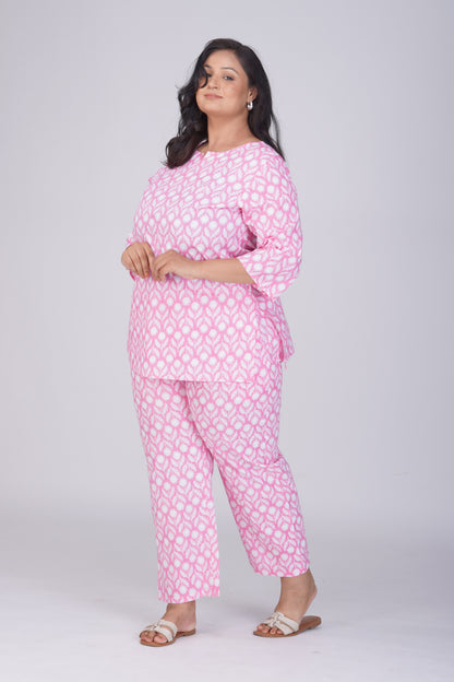 Light Pink Plus Size Cotton Printed Pyjama Set