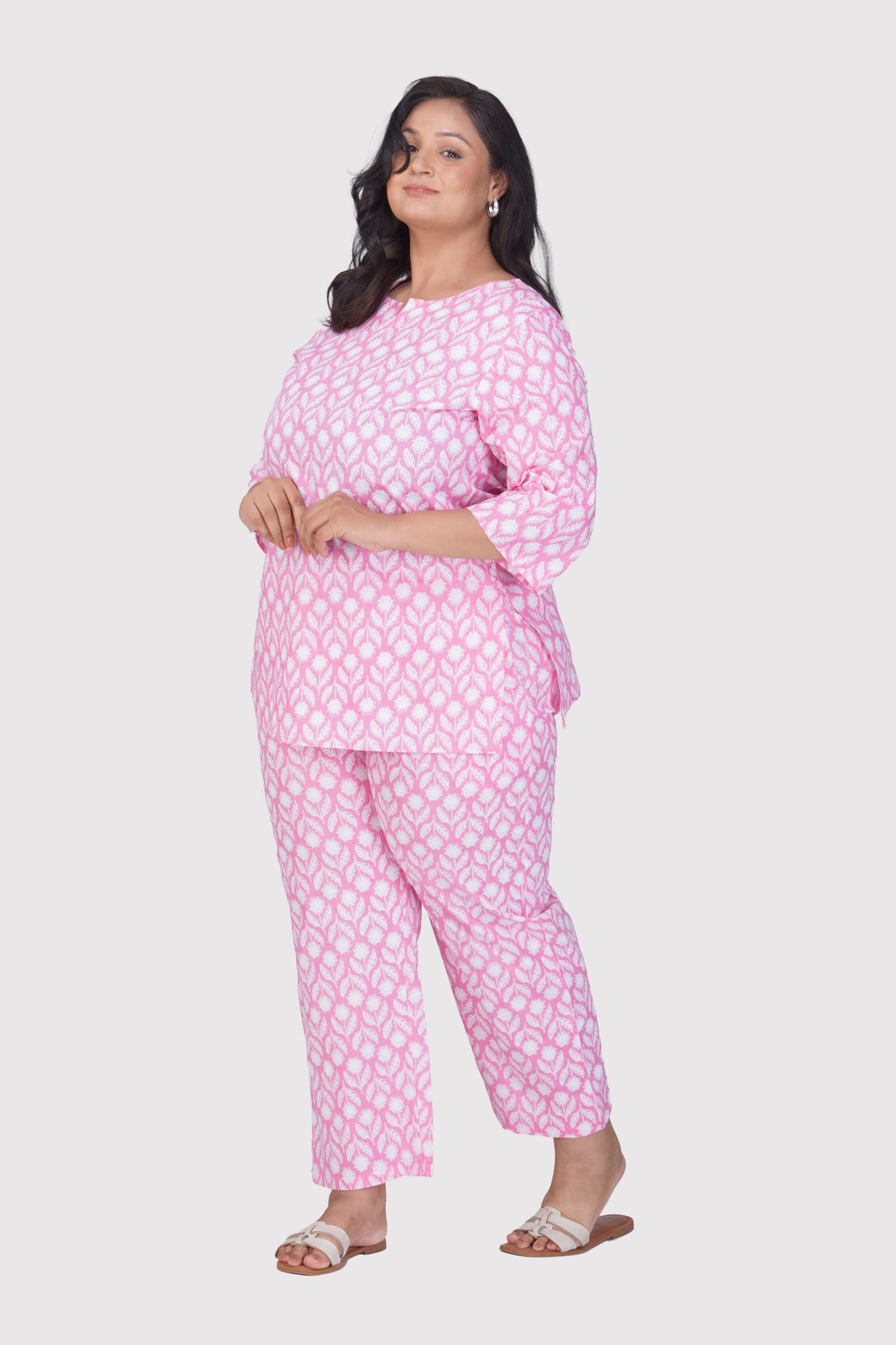 Light Pink Plus Size Cotton Printed Pyjama Set