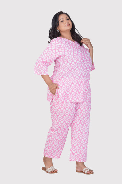 Light Pink Plus Size Cotton Printed Pyjama Set