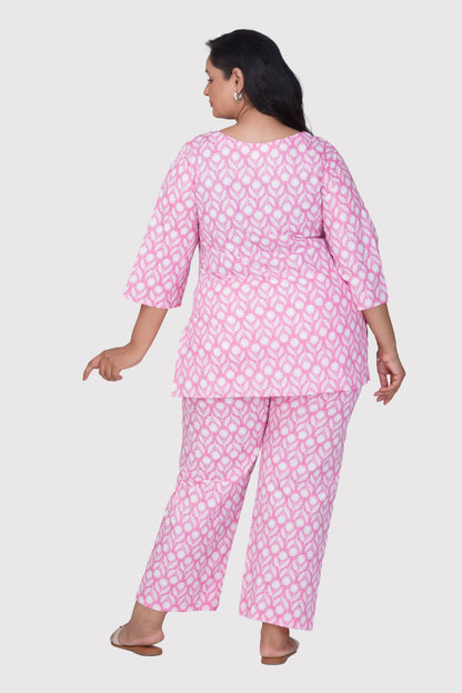 Light Pink Plus Size Cotton Printed Pyjama Set