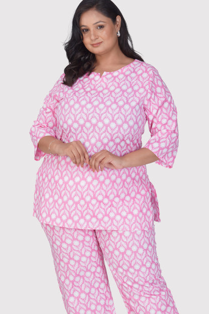 Light Pink Plus Size Cotton Printed Pyjama Set