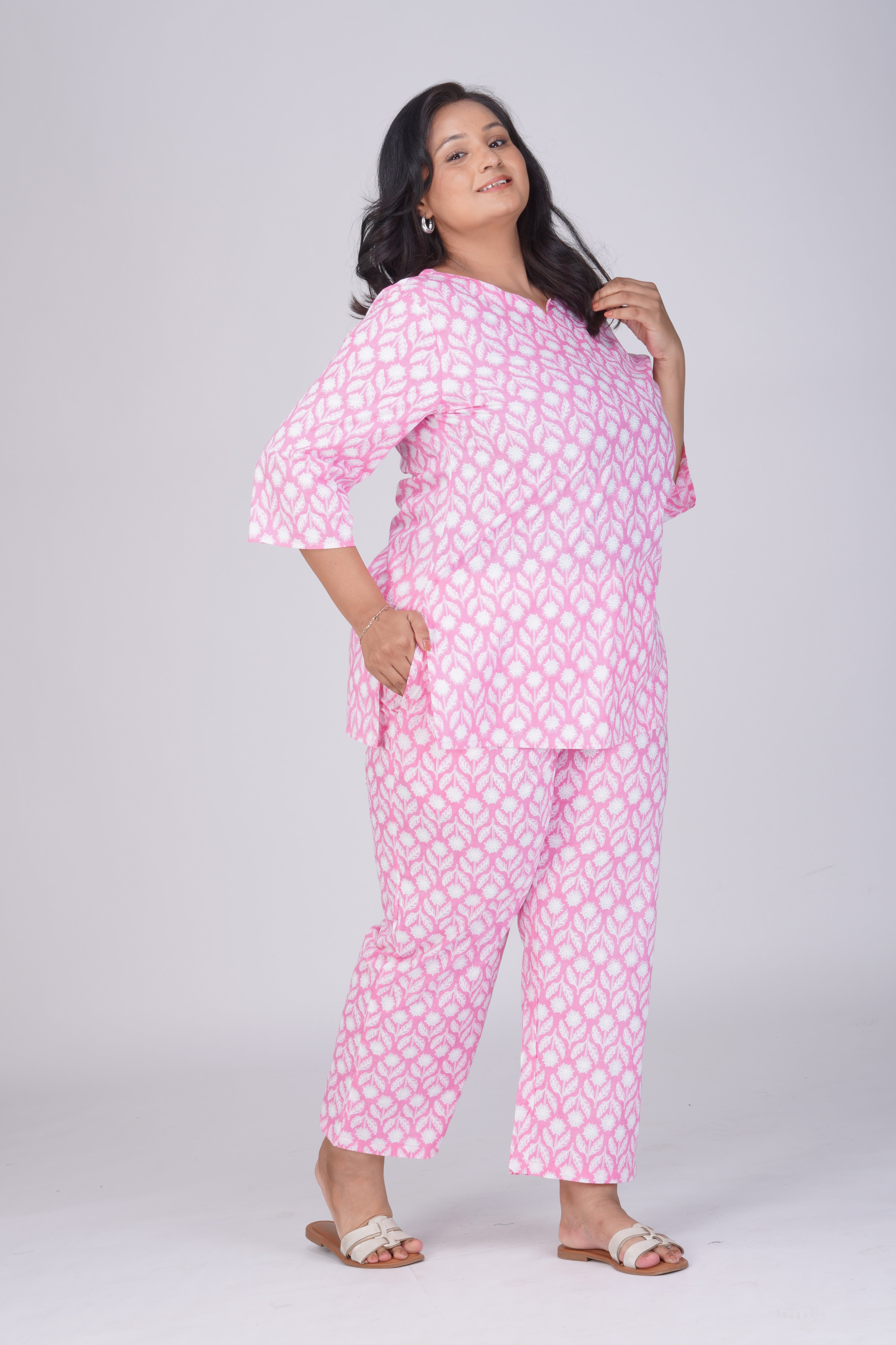 Light Pink Plus Size Cotton Printed Pyjama Set