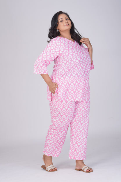 Light Pink Plus Size Cotton Printed Pyjama Set