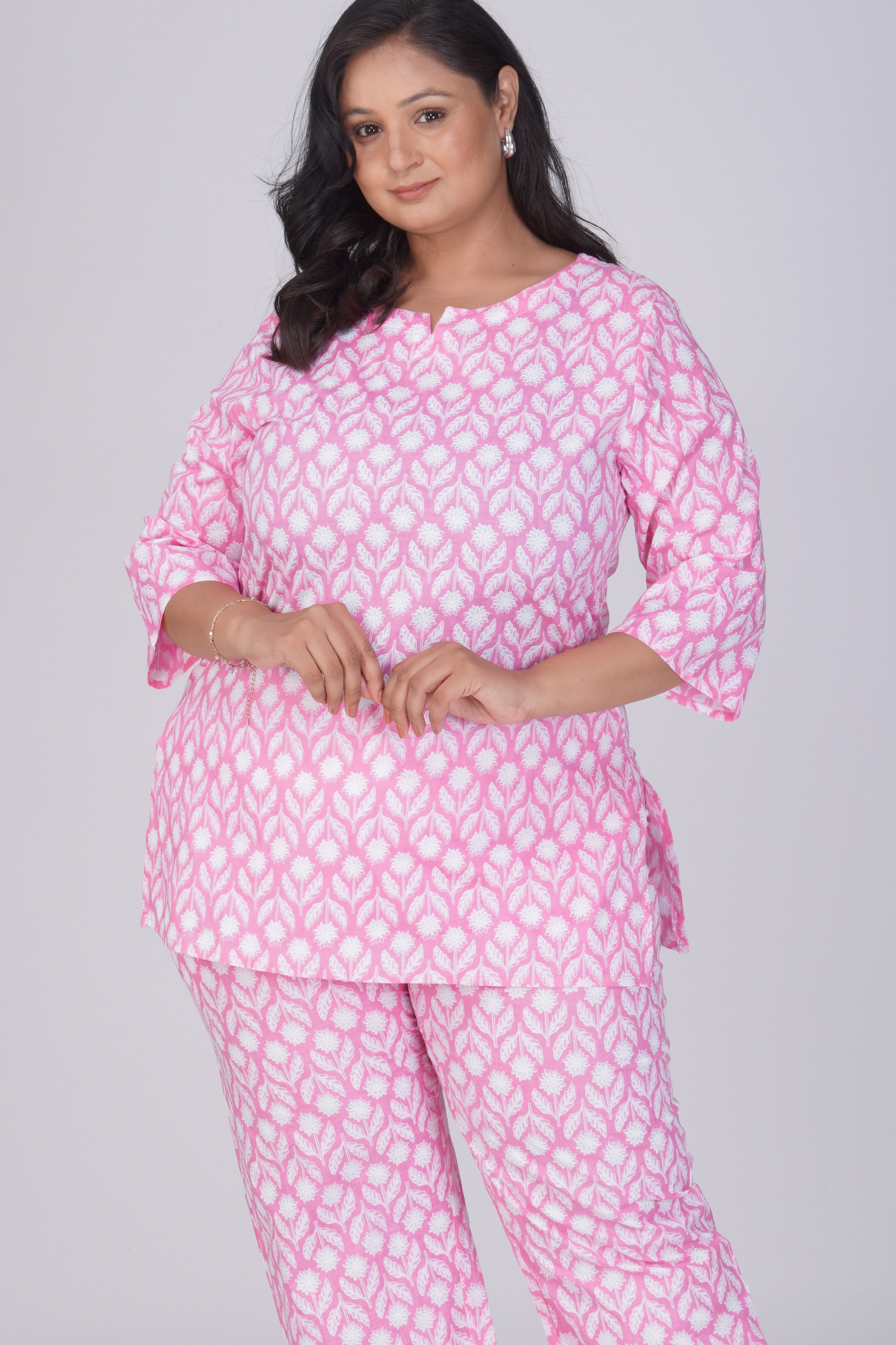 Light Pink Plus Size Cotton Printed Pyjama Set