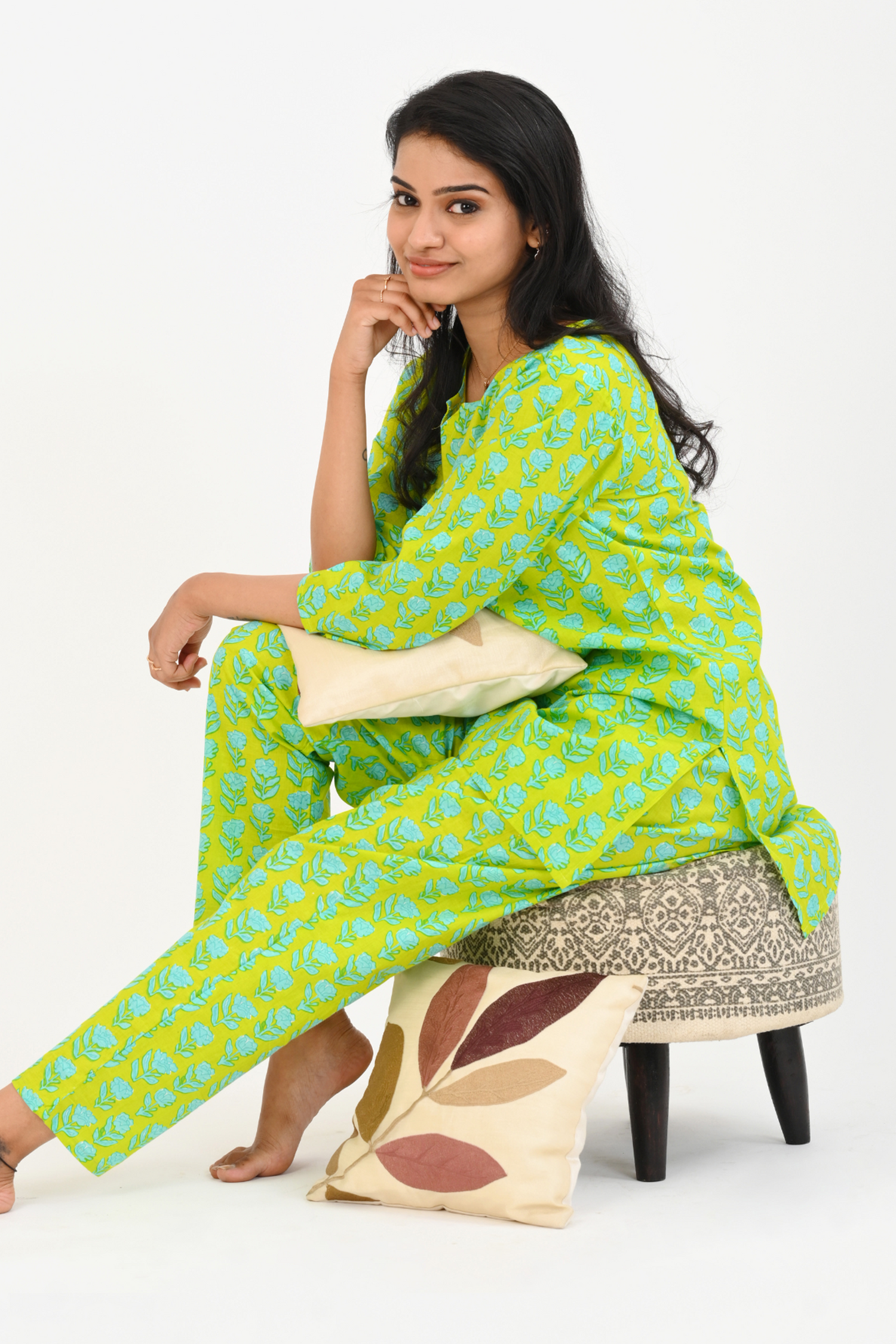 Lime Green Cotton Printed Pyjama Set