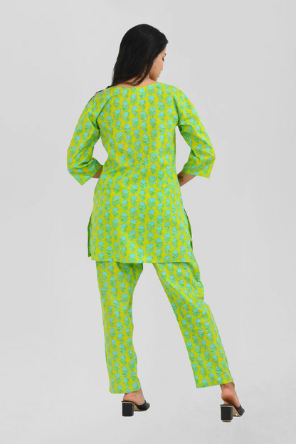 Lime Green Cotton Printed Pyjama Set
