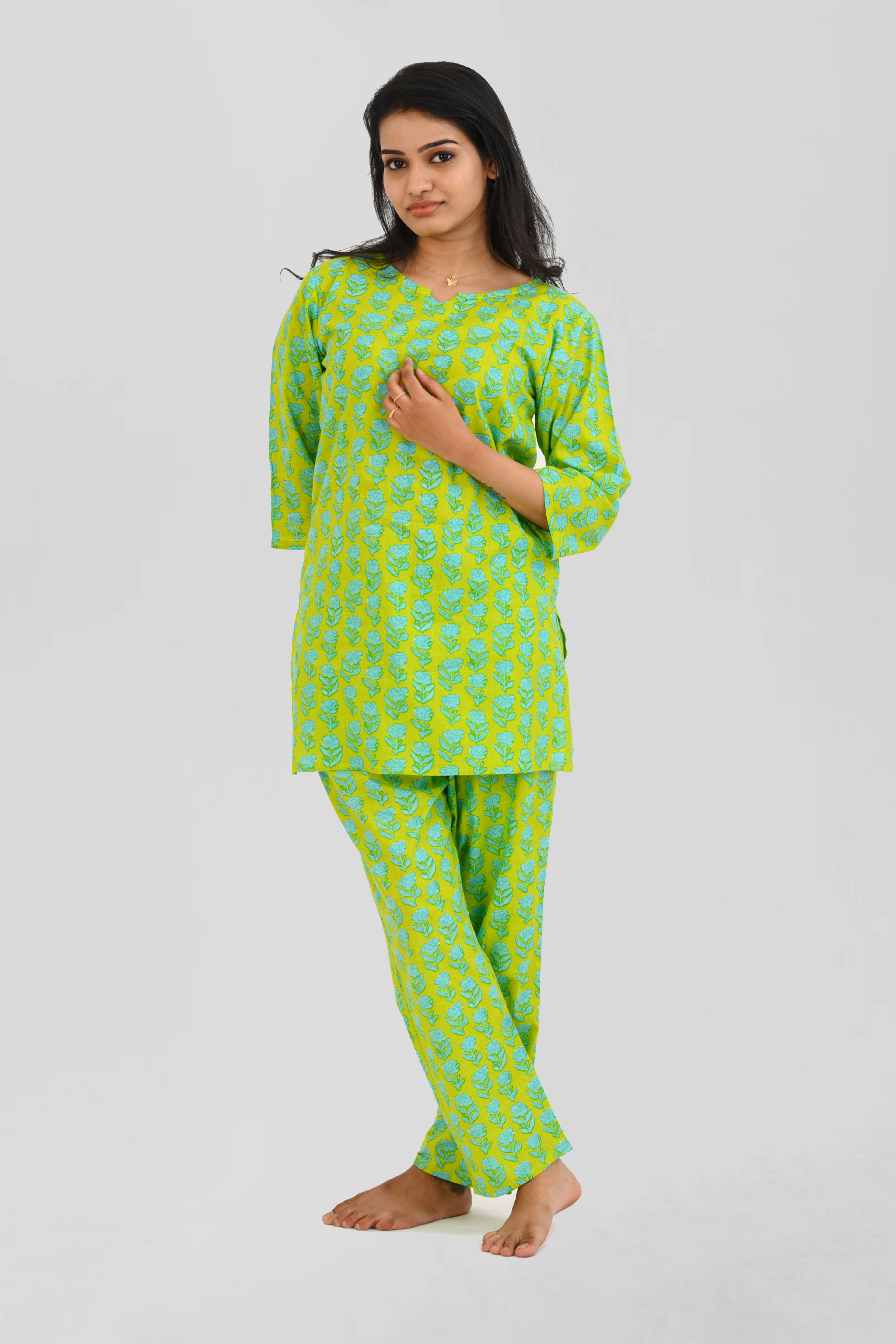 Lime Green Cotton Printed Pyjama Set