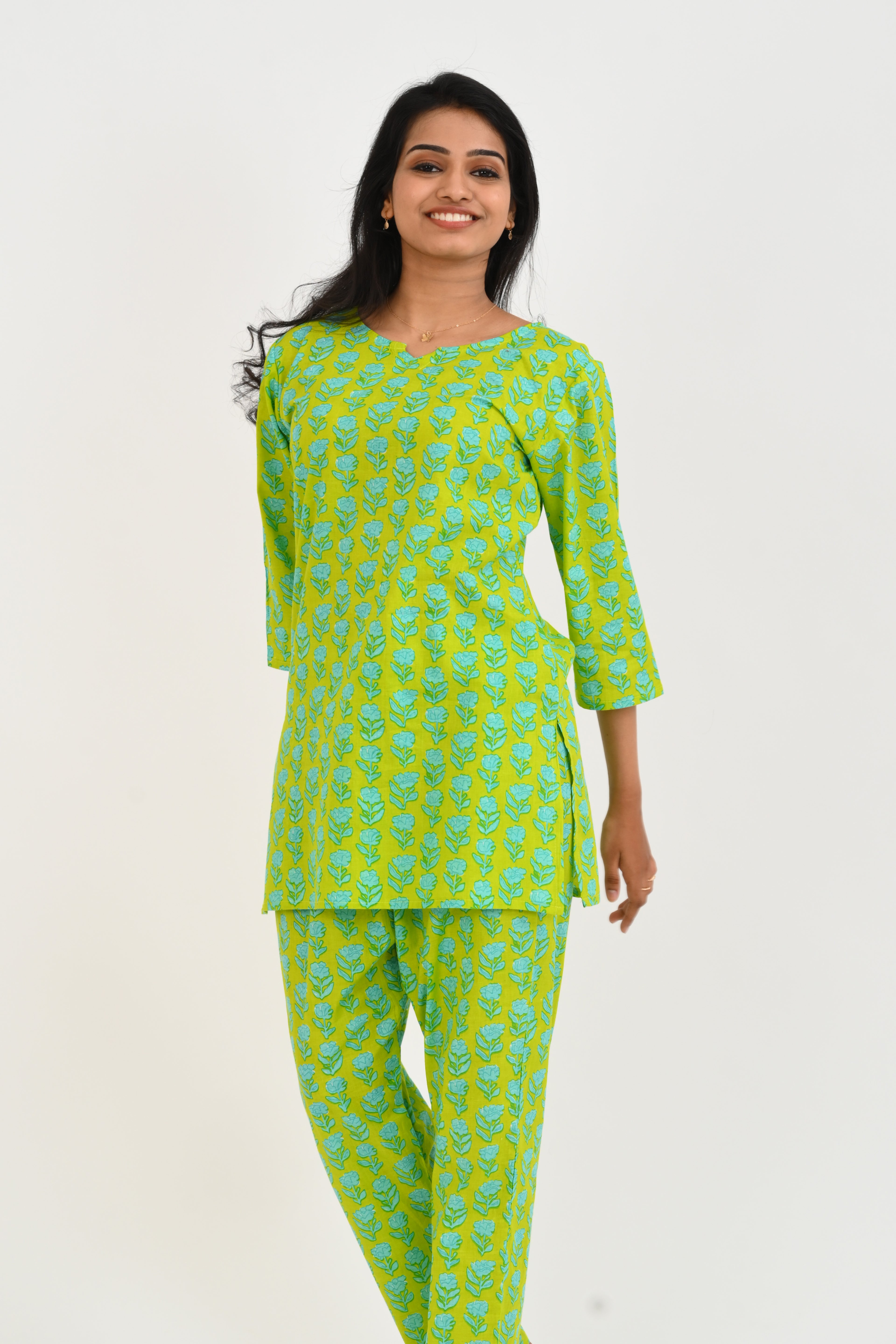 Lime Green Cotton Printed Pyjama Set