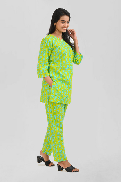 Lime Green Cotton Printed Pyjama Set