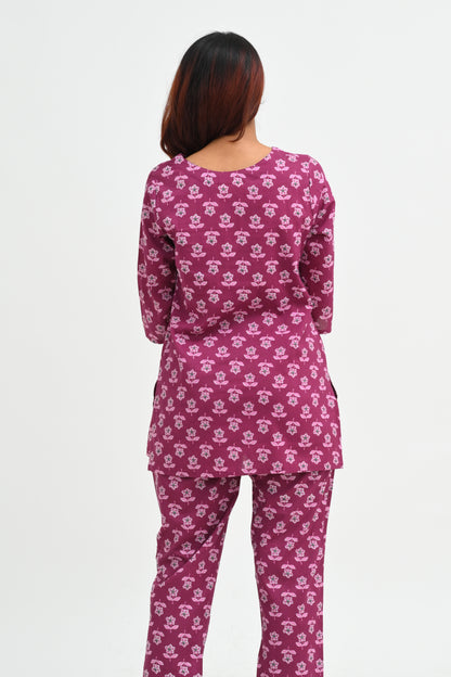 Mulberry Purple Cotton Printed Pyjama Set
