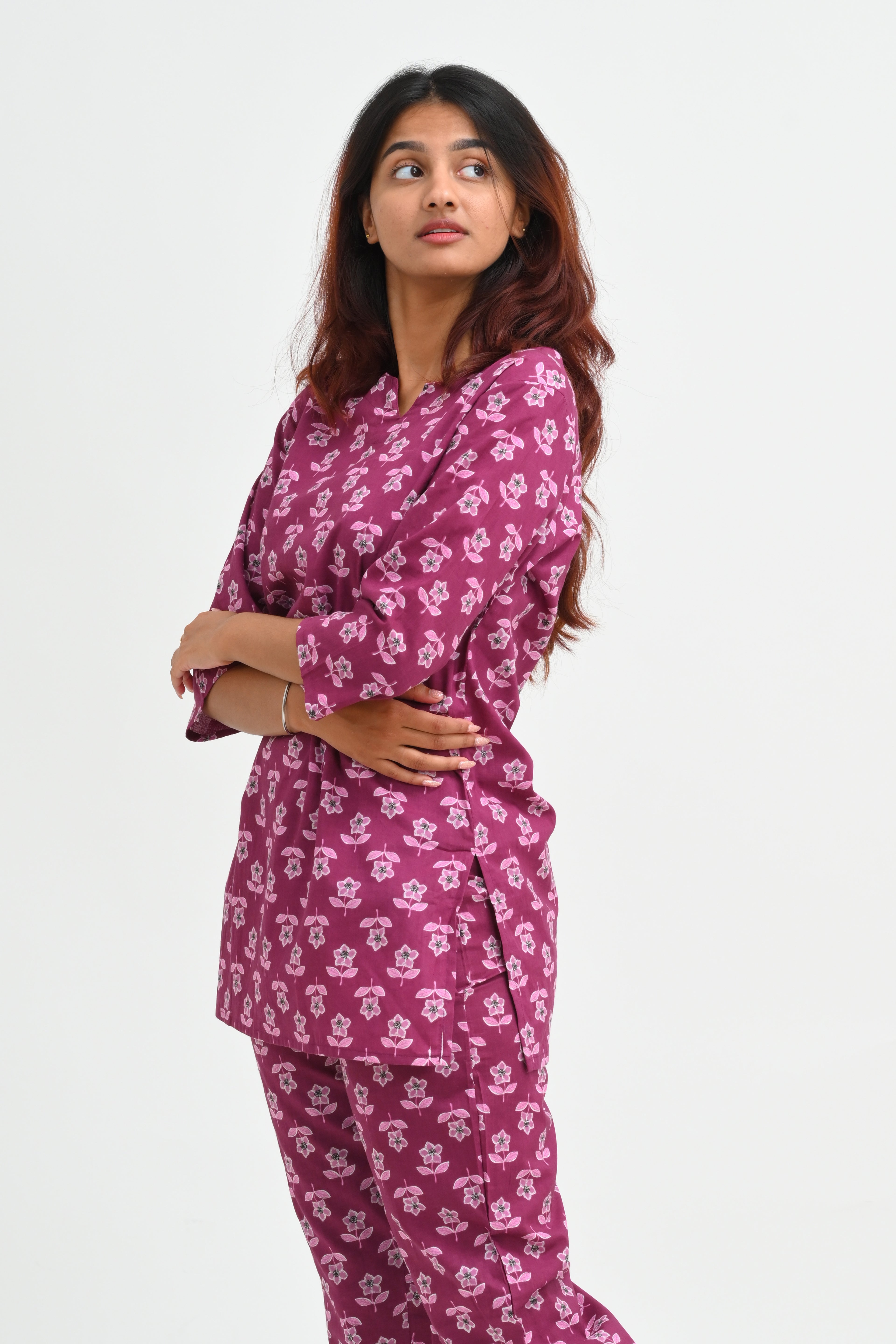 Mulberry Purple Cotton Printed Pyjama Set