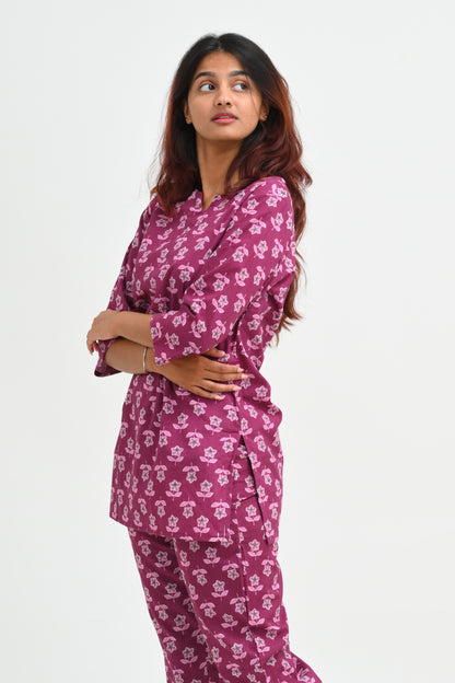 Mulberry Purple Cotton Printed Pyjama Set