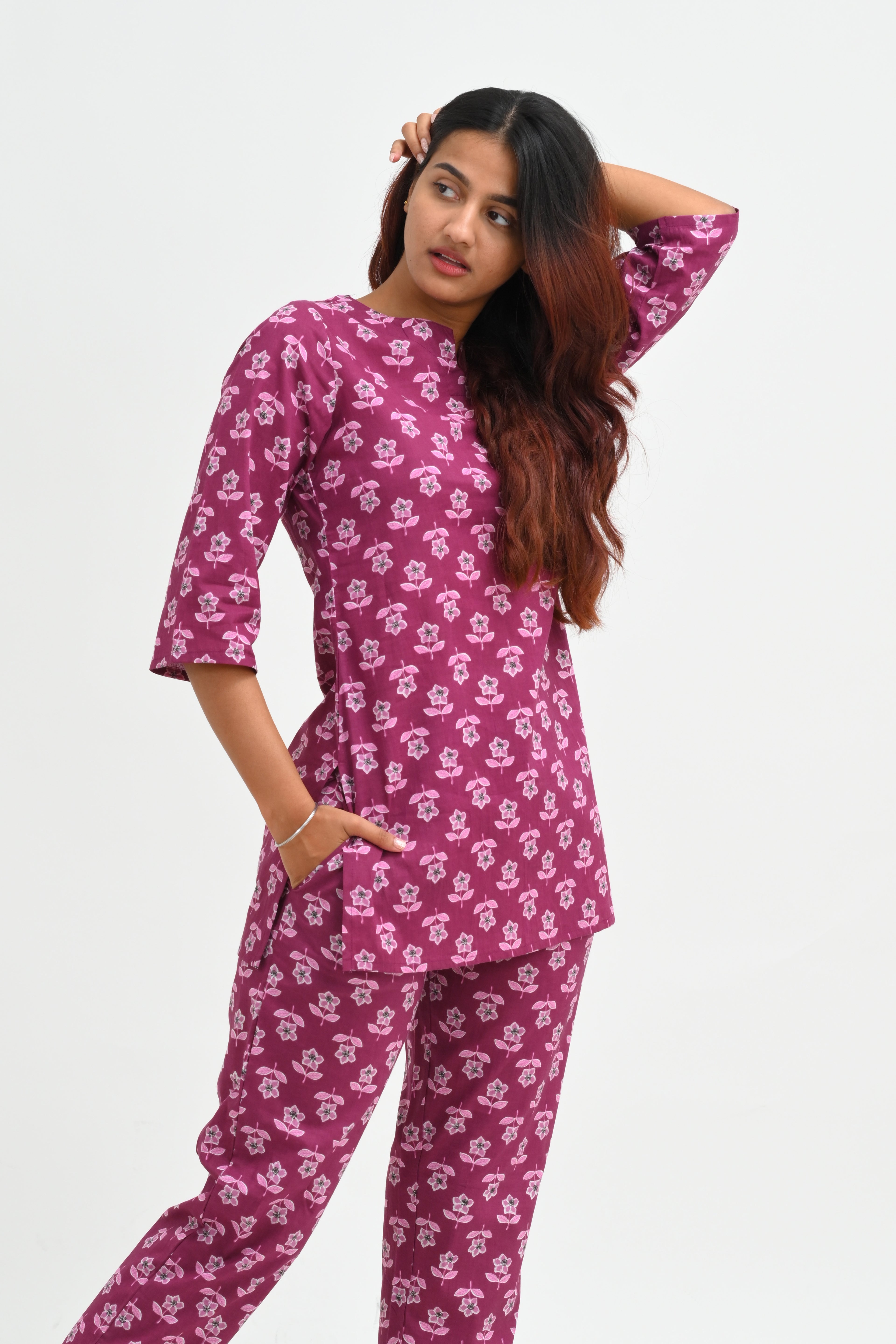 Mulberry Purple Cotton Printed Pyjama Set