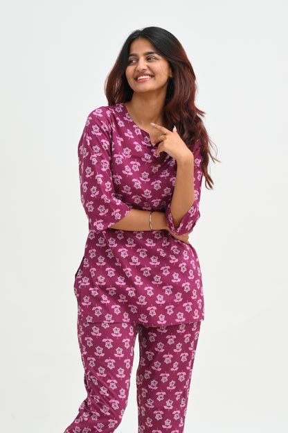 Mulberry Purple Cotton Printed Pyjama Set