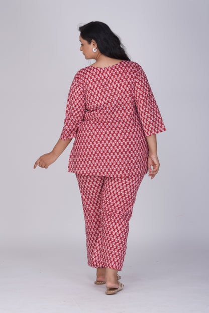 Maroon Plus Size Cotton Printed Pyjama Set