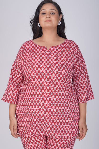 Maroon Plus Size Cotton Printed Pyjama Set