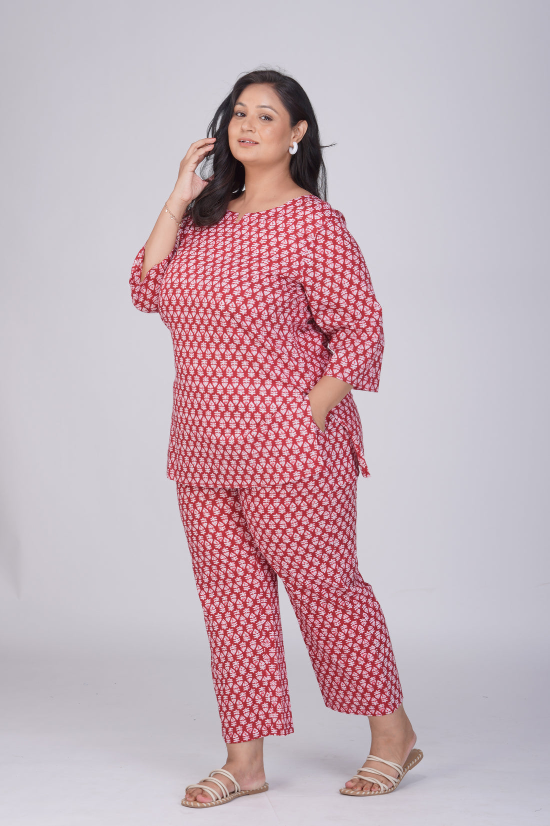 Maroon Plus Size Cotton Printed Pyjama Set