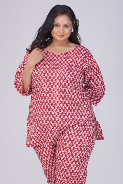 Maroon Plus Size Cotton Printed Pyjama Set