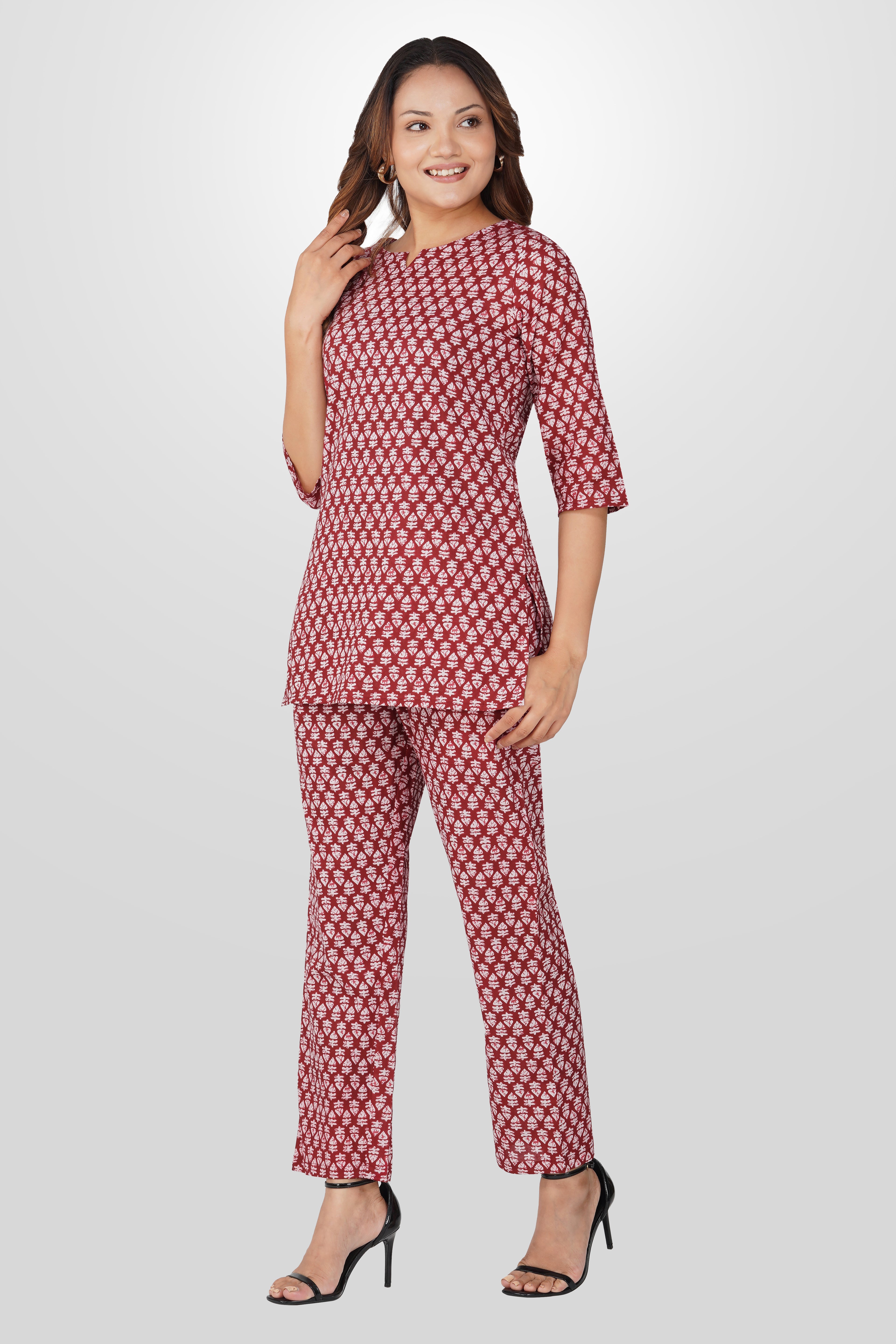Maroon Cotton Printed Pyjama Set