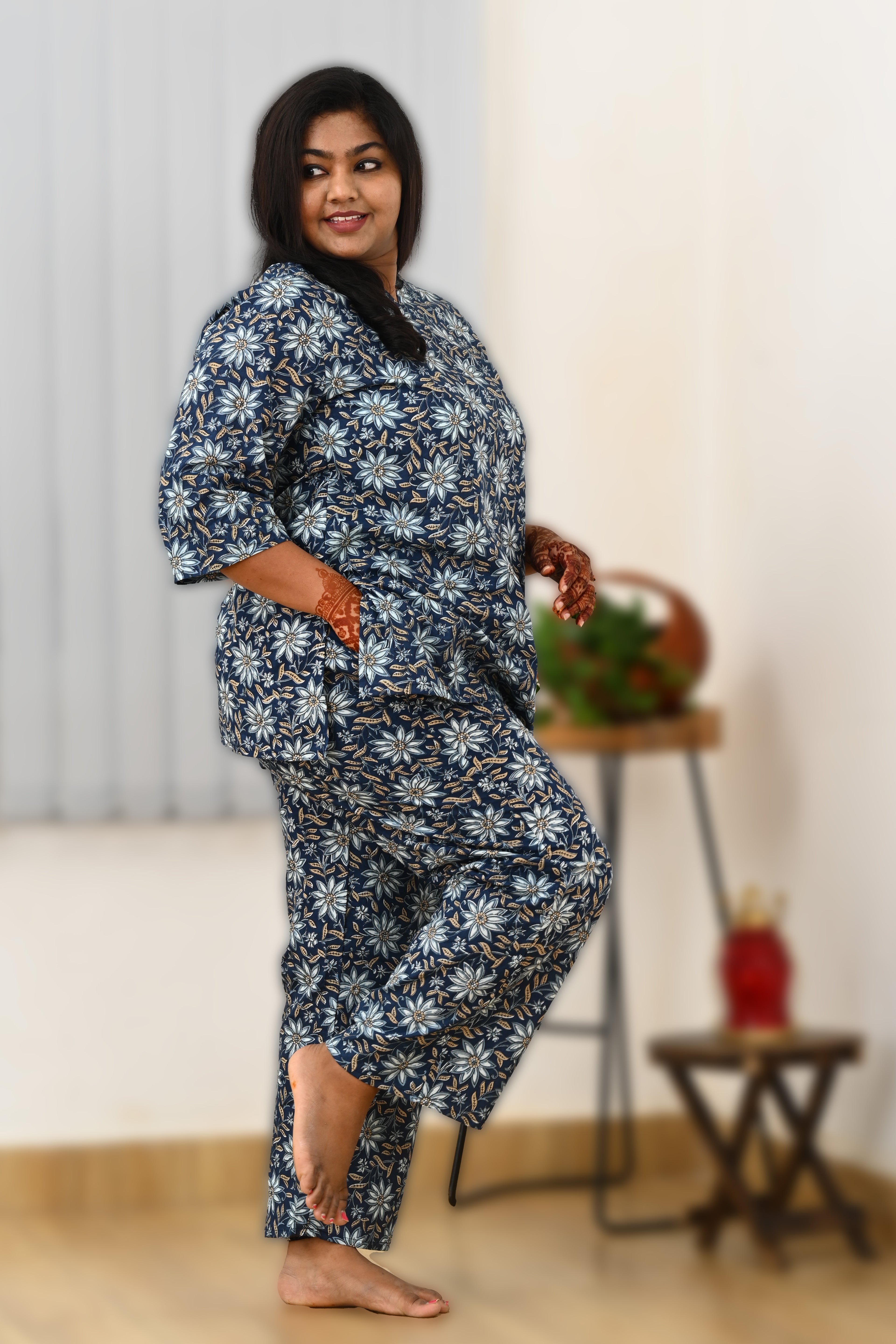 Midnight Blue Plus Size Cotton Printed Pyjama Set