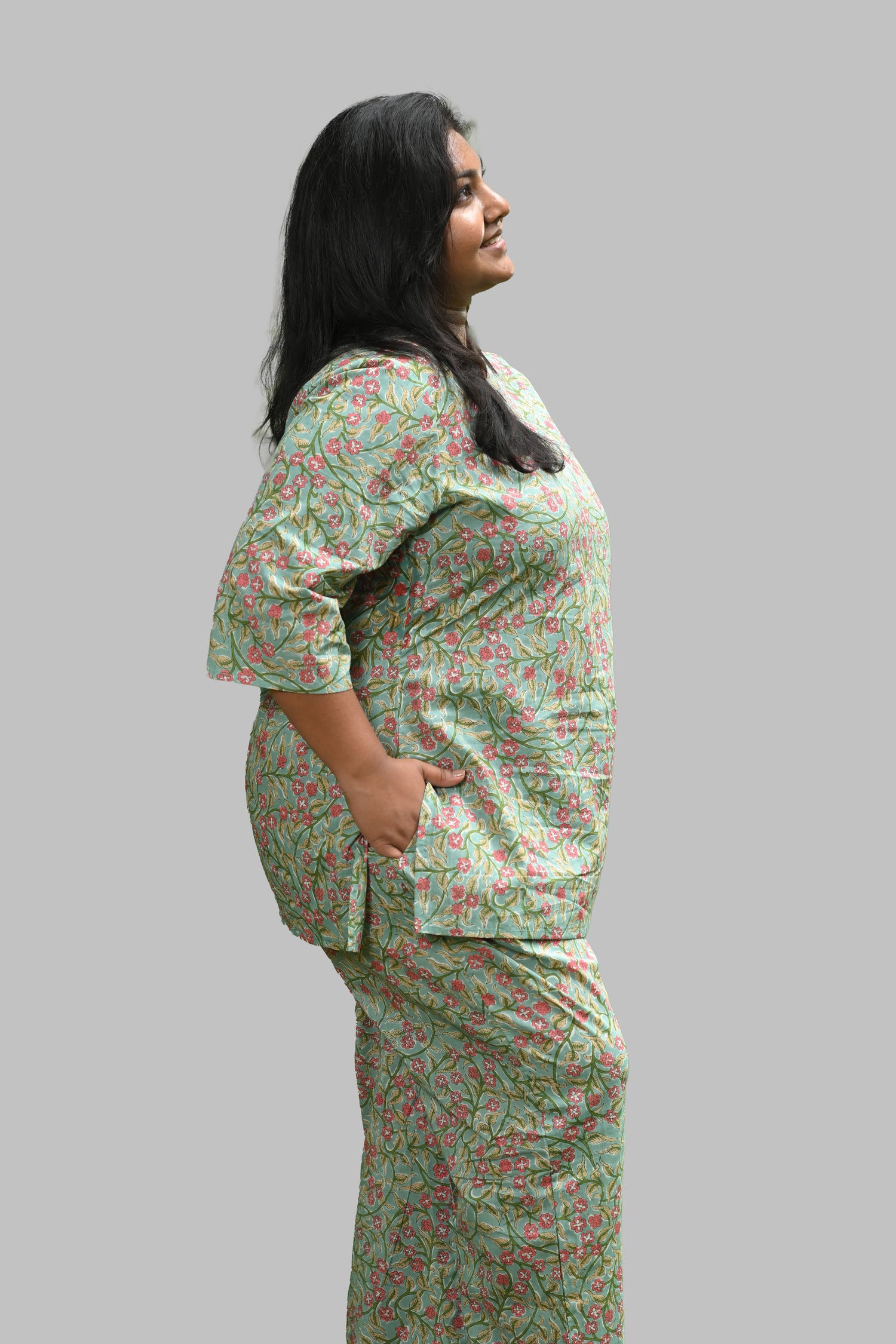Mint Floral Plus Size Cotton Printed Pyjama Set