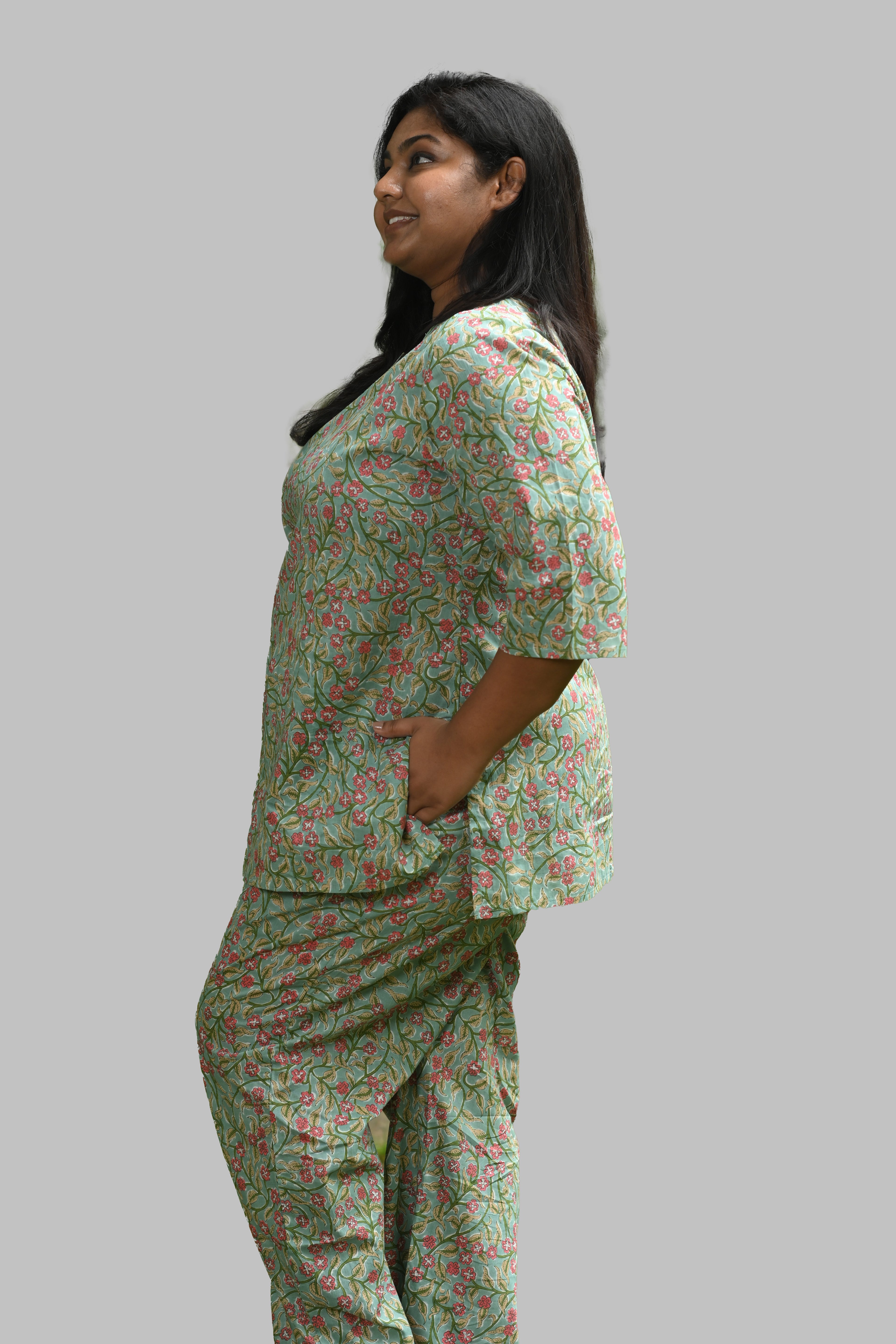 Mint Floral Plus Size Cotton Printed Pyjama Set