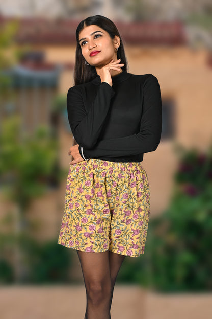 Mustard Floral Cotton Printed Shorts