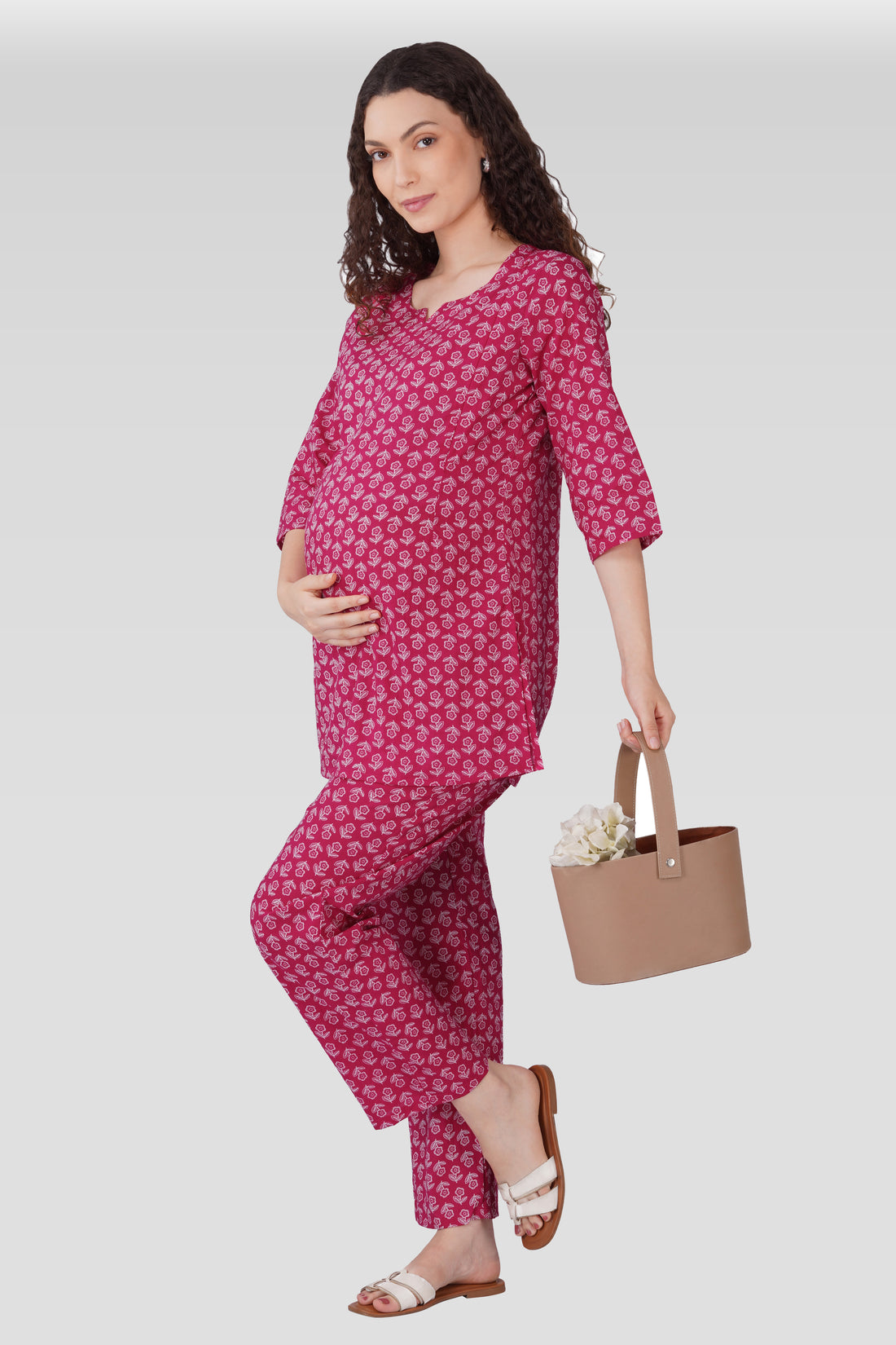 Magenta Cotton Printed Maternity and Feeding Pyjama Set