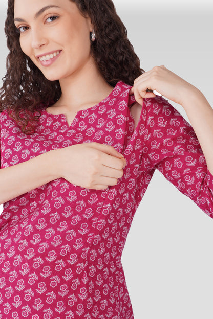 Magenta Cotton Printed Maternity and Feeding Pyjama Set