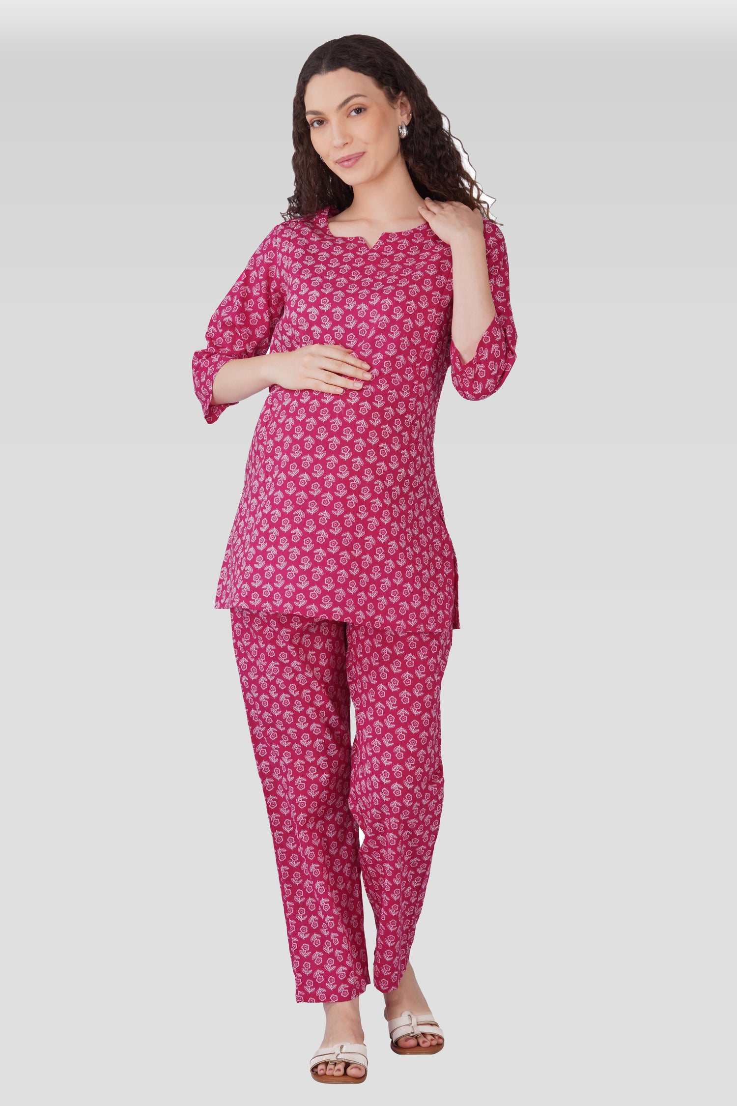 Magenta Cotton Printed Maternity and Feeding Pyjama Set