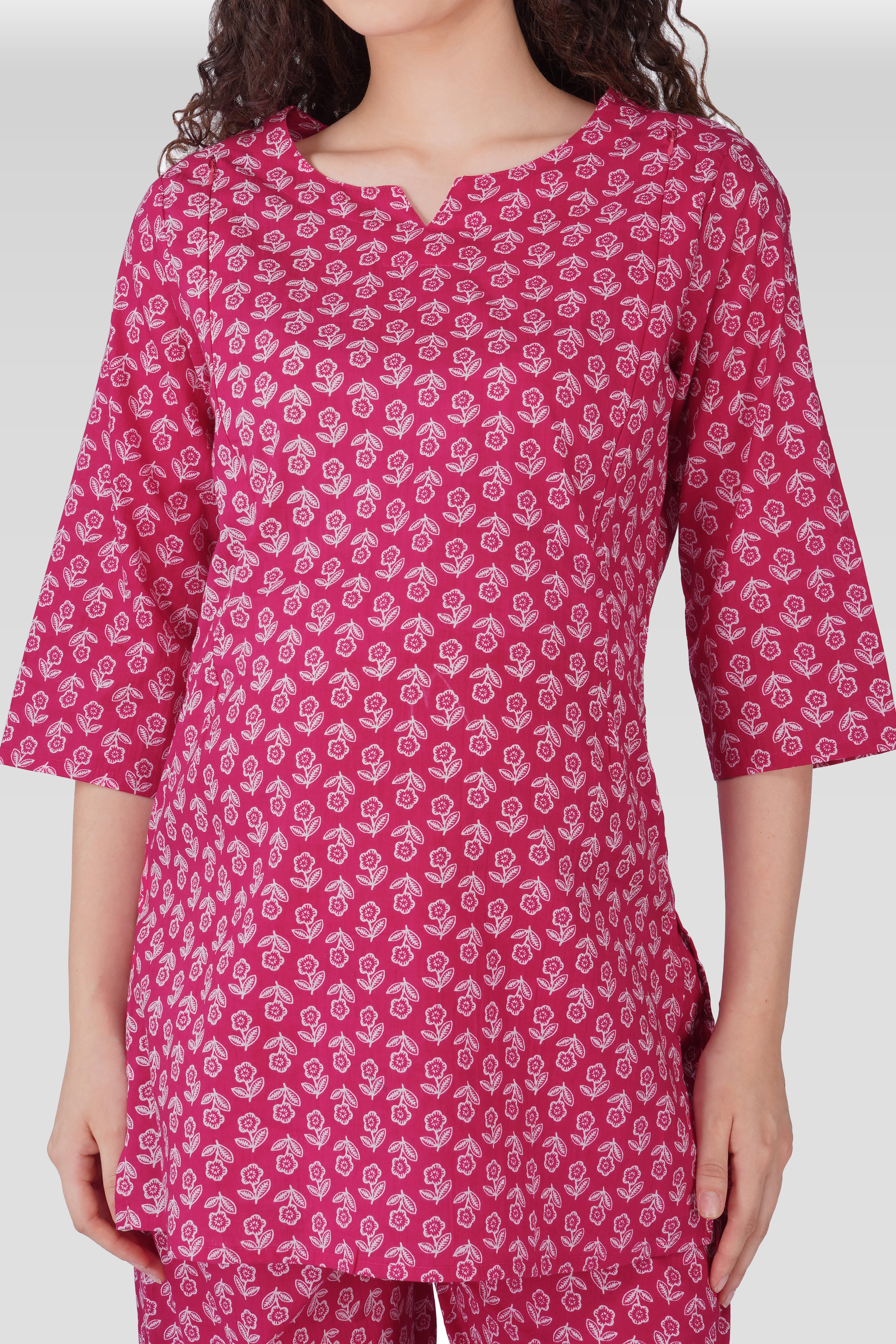 Magenta Cotton Printed Maternity and Feeding Pyjama Set