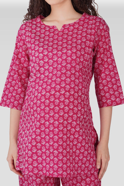 Magenta Cotton Printed Maternity and Feeding Pyjama Set