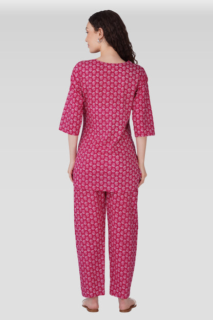 Magenta Cotton Printed Maternity and Feeding Pyjama Set