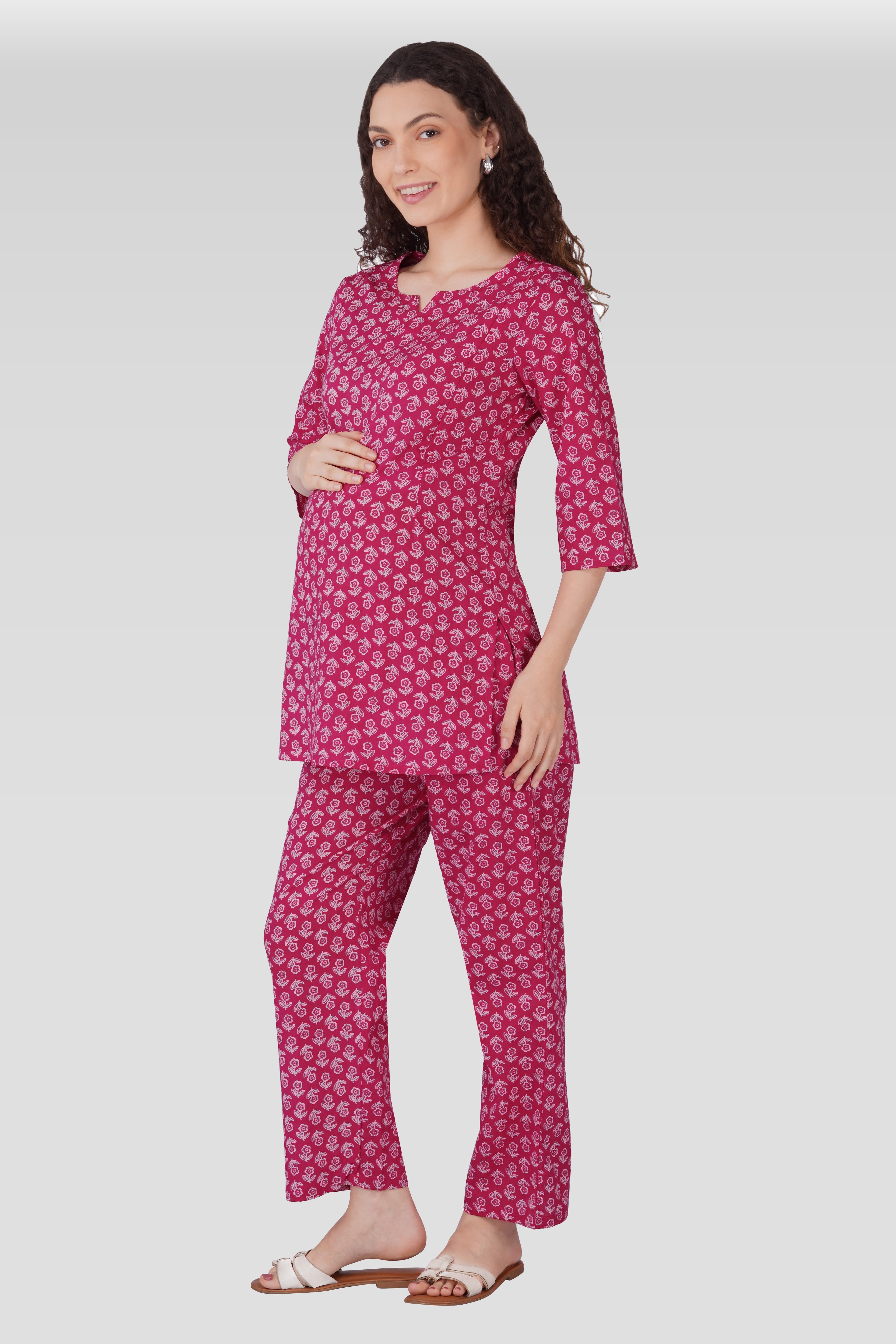 Magenta Cotton Printed Maternity and Feeding Pyjama Set