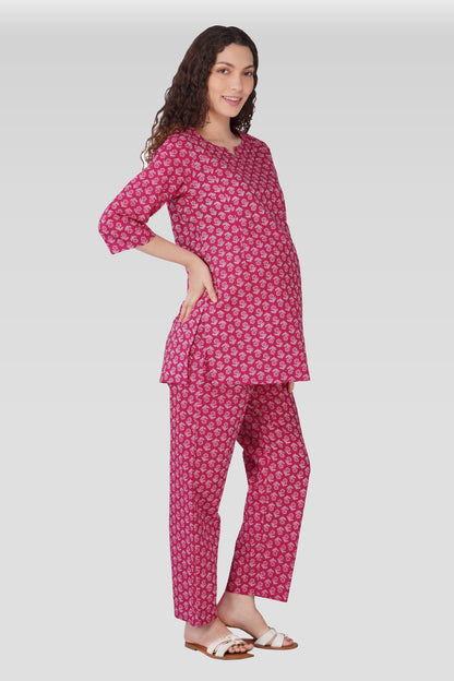 Magenta Cotton Printed Maternity and Feeding Pyjama Set