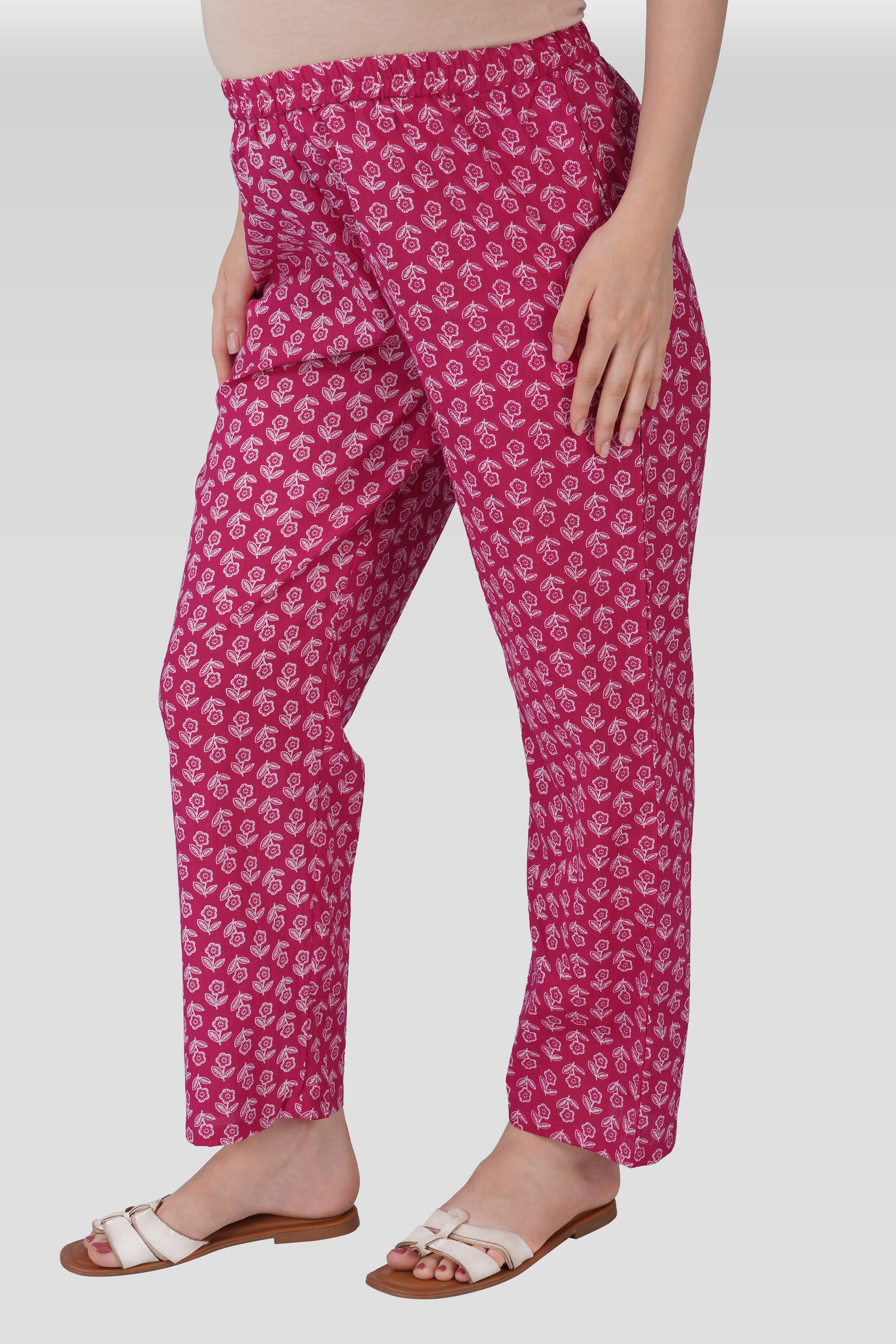 Magenta Cotton Printed Maternity and Feeding Pyjama Set