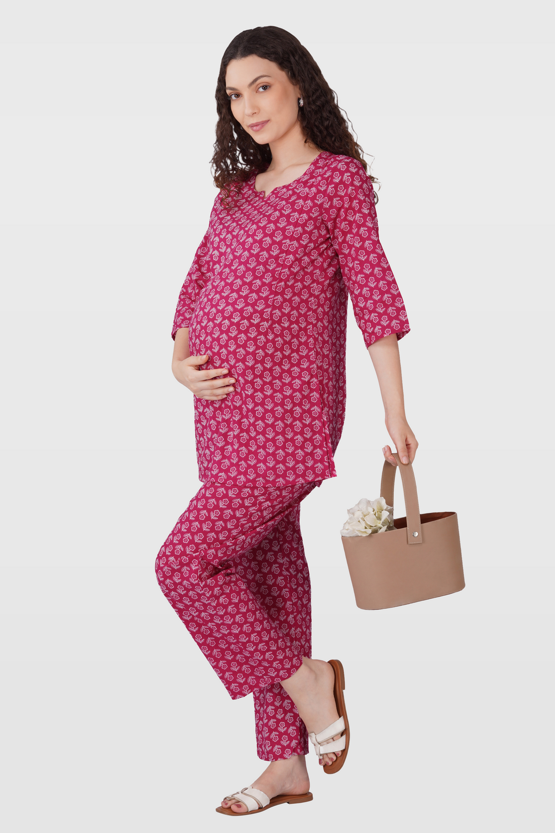 Magenta Cotton Printed Maternity and Feeding Pyjama Set